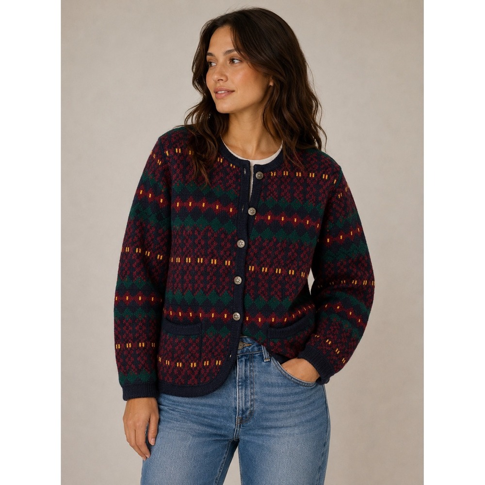 Tally-Ho Vintage Geometric Fair Isle Cardigan Sweater Burgundy Green Navy Small